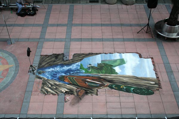 Bird's view of 3d street art for Johnnie Walker in Taipei showing real proportions
