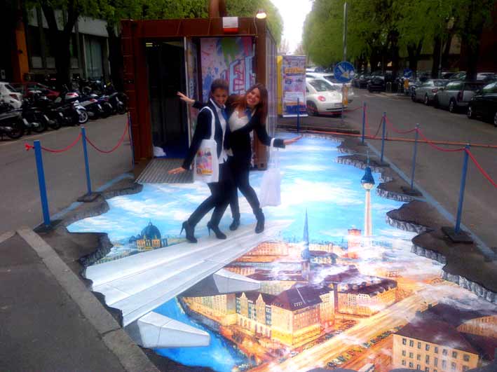 Interactive ambient media advertising - 3D pavement painting for Lufthansa during Milano Design Week